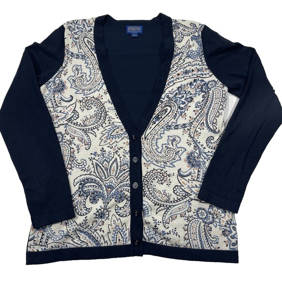 Pendleton Sweaters - Pendleton Paisley Cardigan Sweater Women's Size Small Navy Blue Silk Nylon Blend
